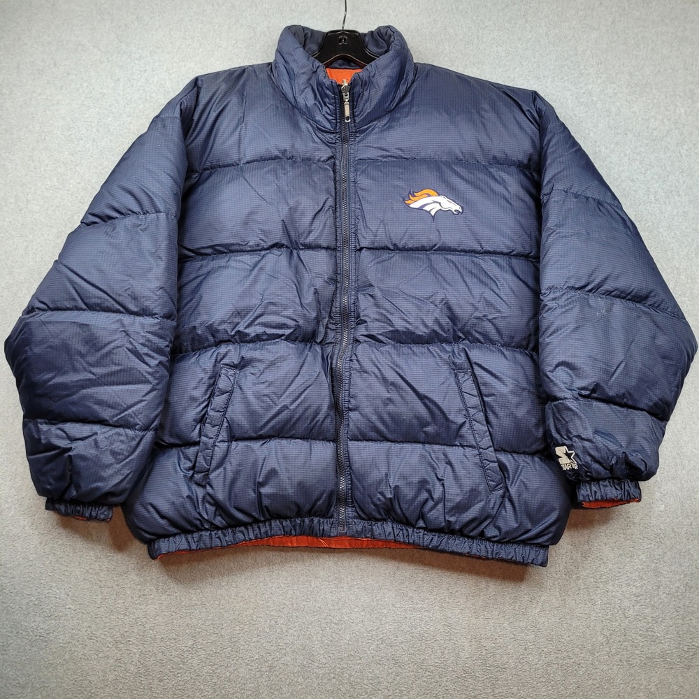 Denver Broncos Starter Down Puffer Jacket Mens Large Reversible Blue Vintage 90s